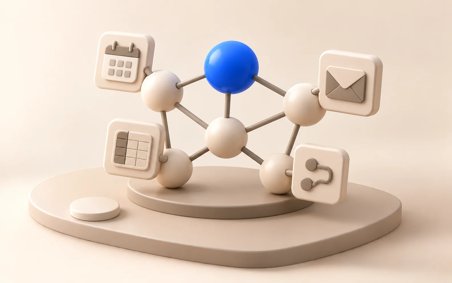 Network of clay spheres linked by rods, topped by a blue node, with docked tool blocks