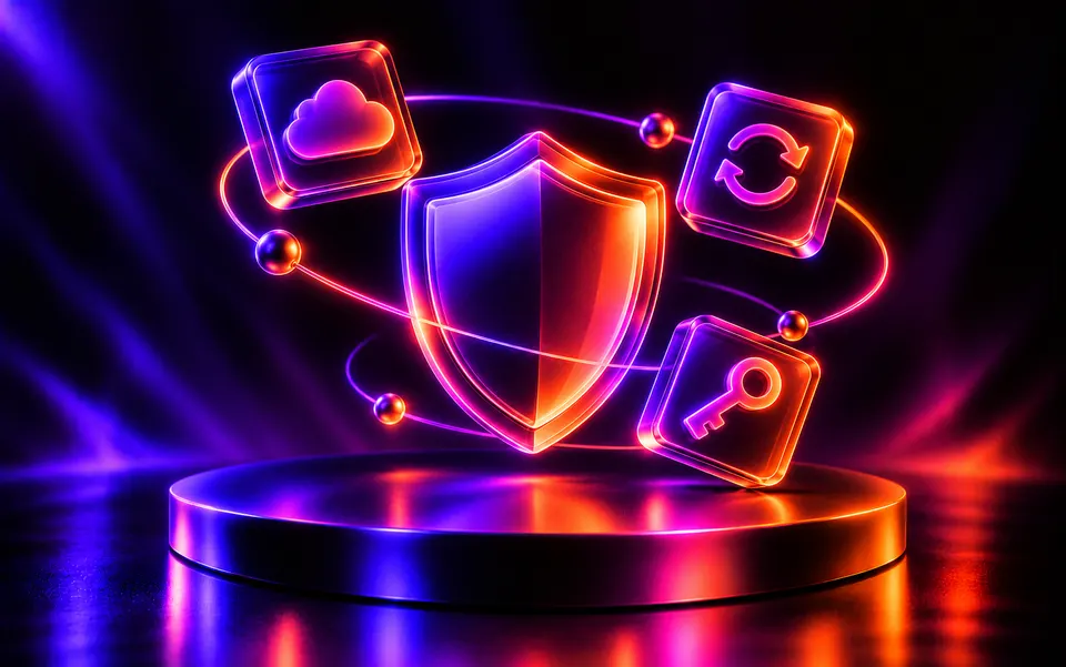 Clay shield surrounded by small blocks for backup, update and key icons