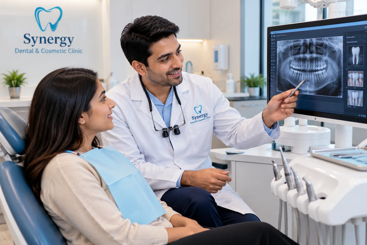 Dental consultation with an X-ray on screen