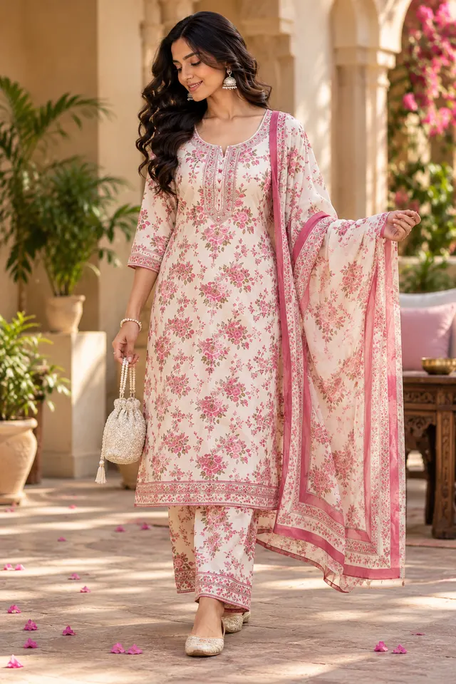 Pink floral salwar suit photographed in a heritage courtyard