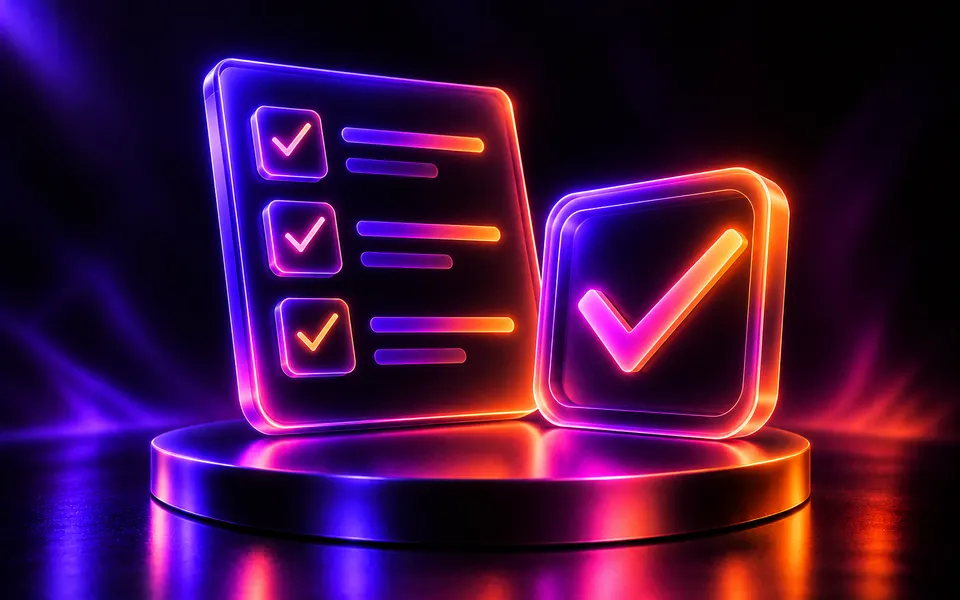 Clay checklist card with blue tick marks beside a small consent checkbox