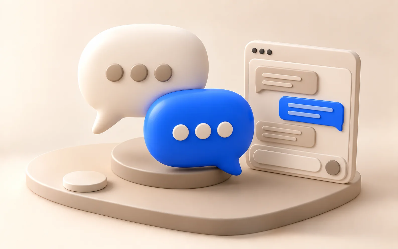 Two clay speech bubbles, one ivory with typing dots and one blue, beside a chat window