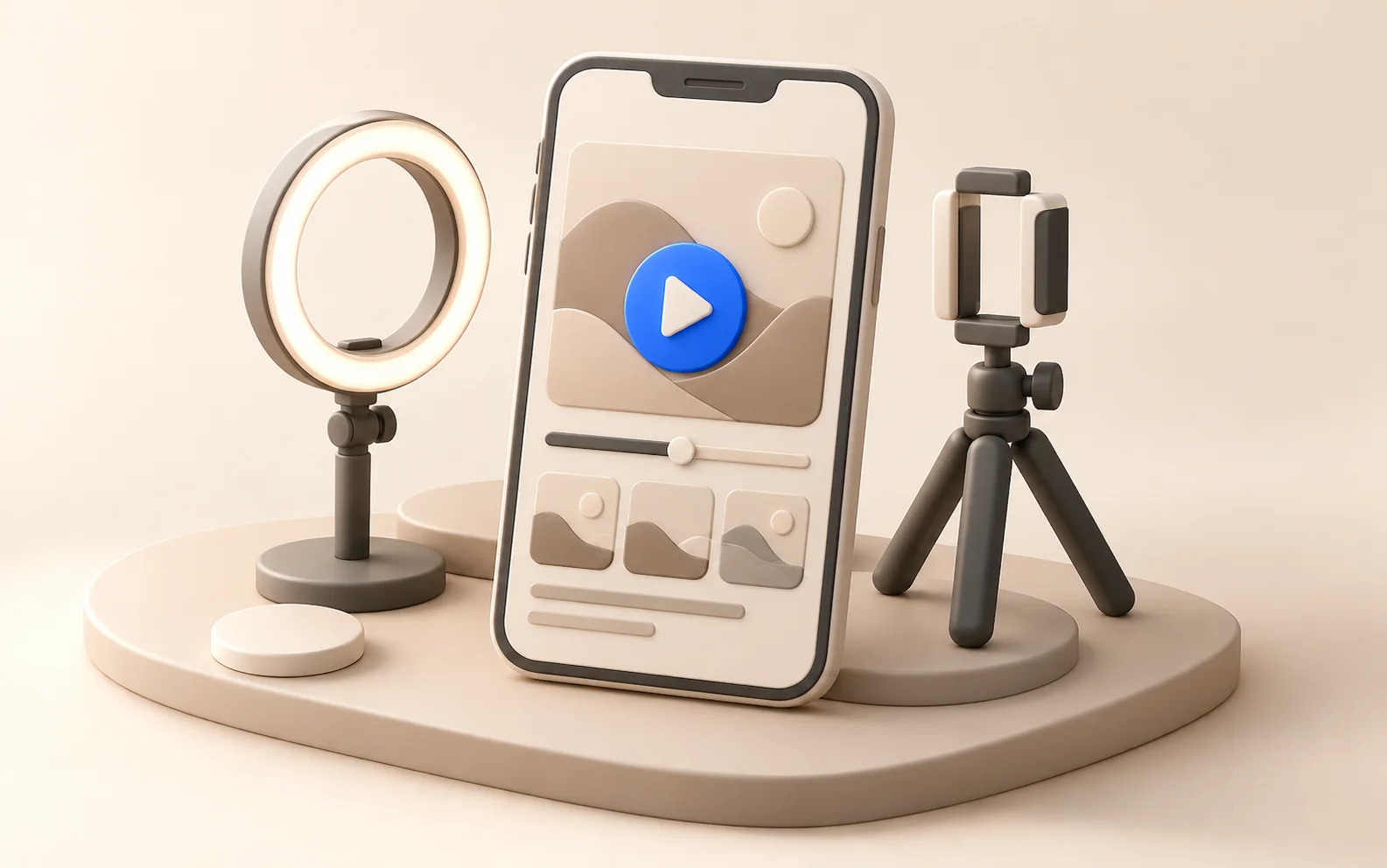 Clay smartphone with a blue play button beside a ring light and tripod
