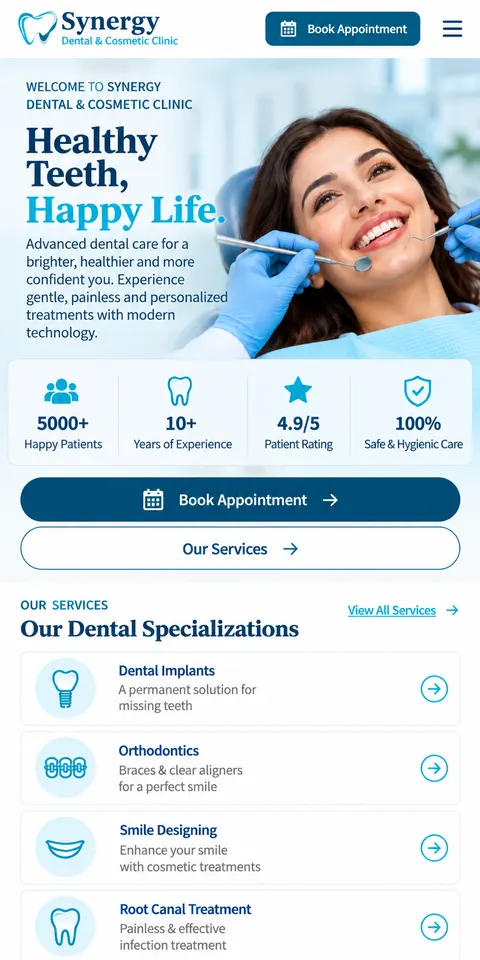 Synergy Dental website, mobile view