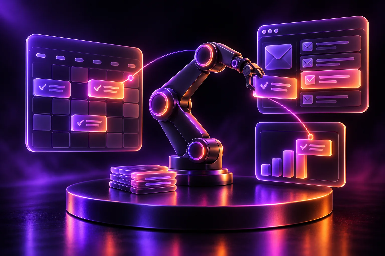 Clay robot arm moving task blocks between a calendar, an inbox and a chart