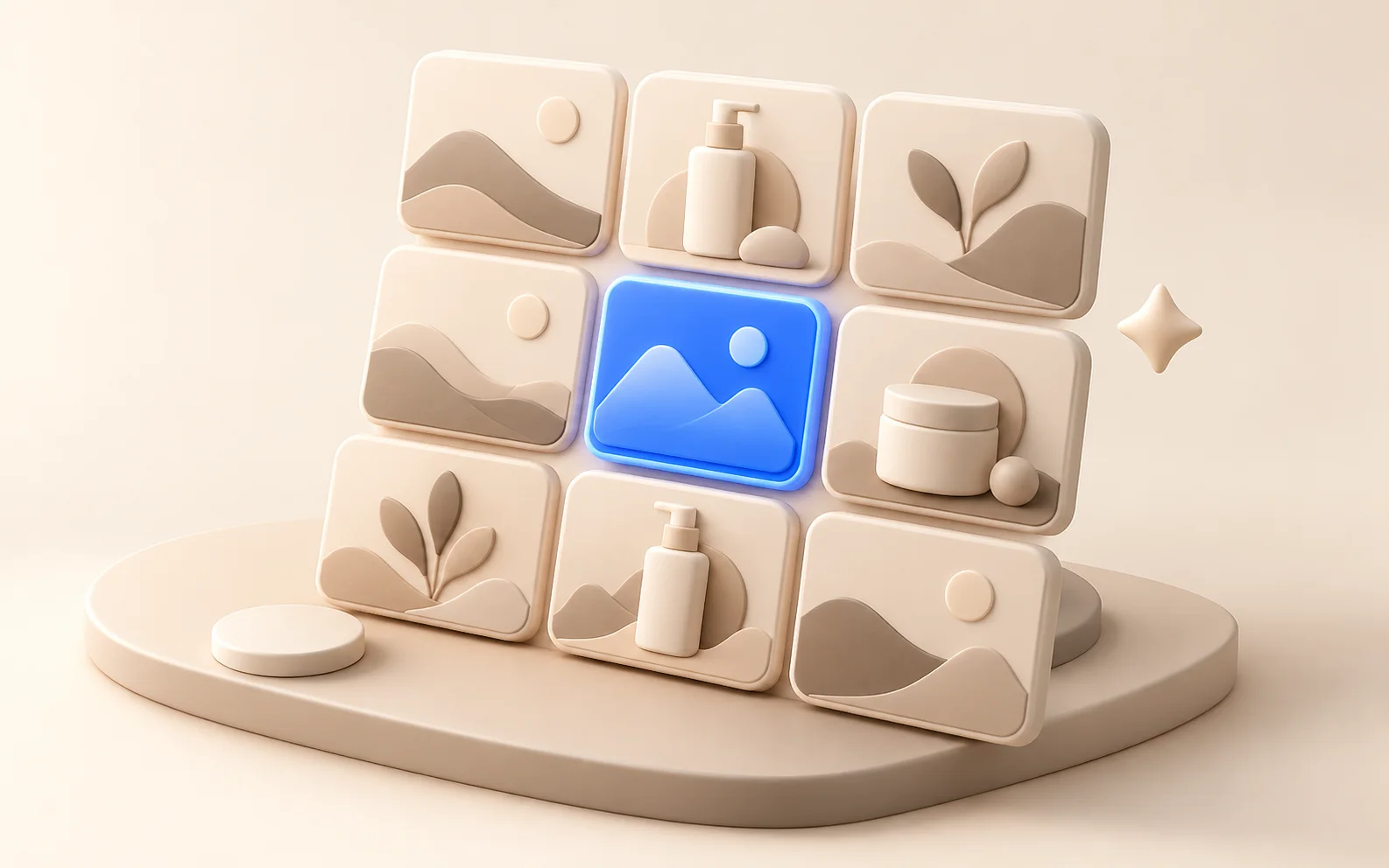 Grid of rounded clay image tiles with one glowing blue tile