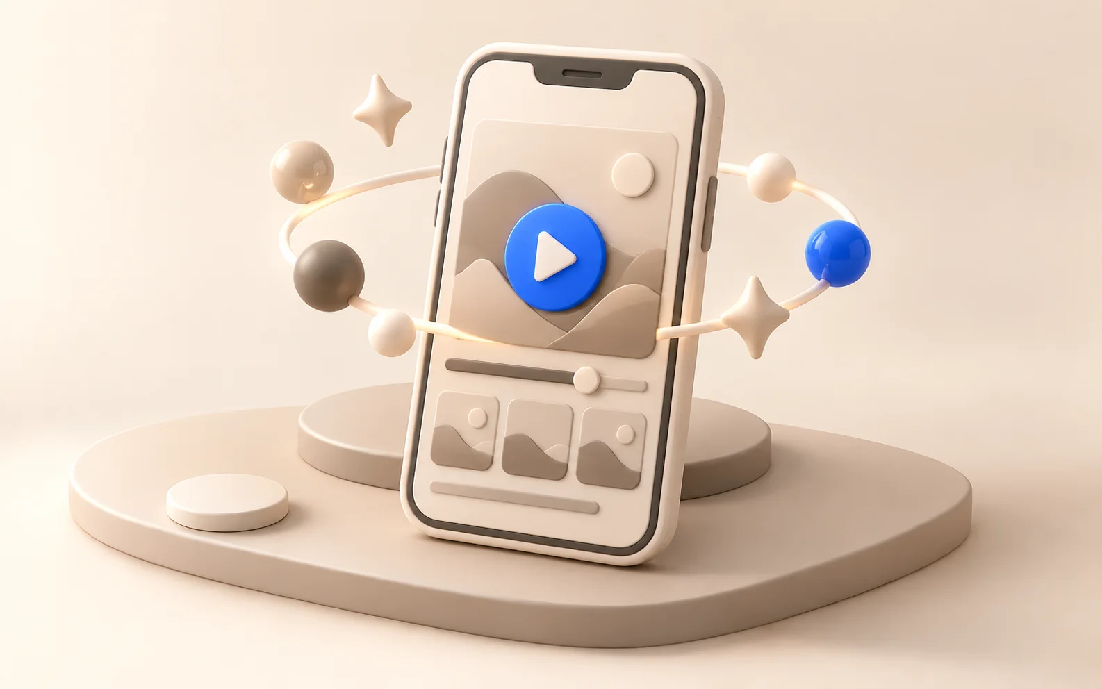 Clay smartphone with a blue play button inside an orbit of small spheres and sparkles