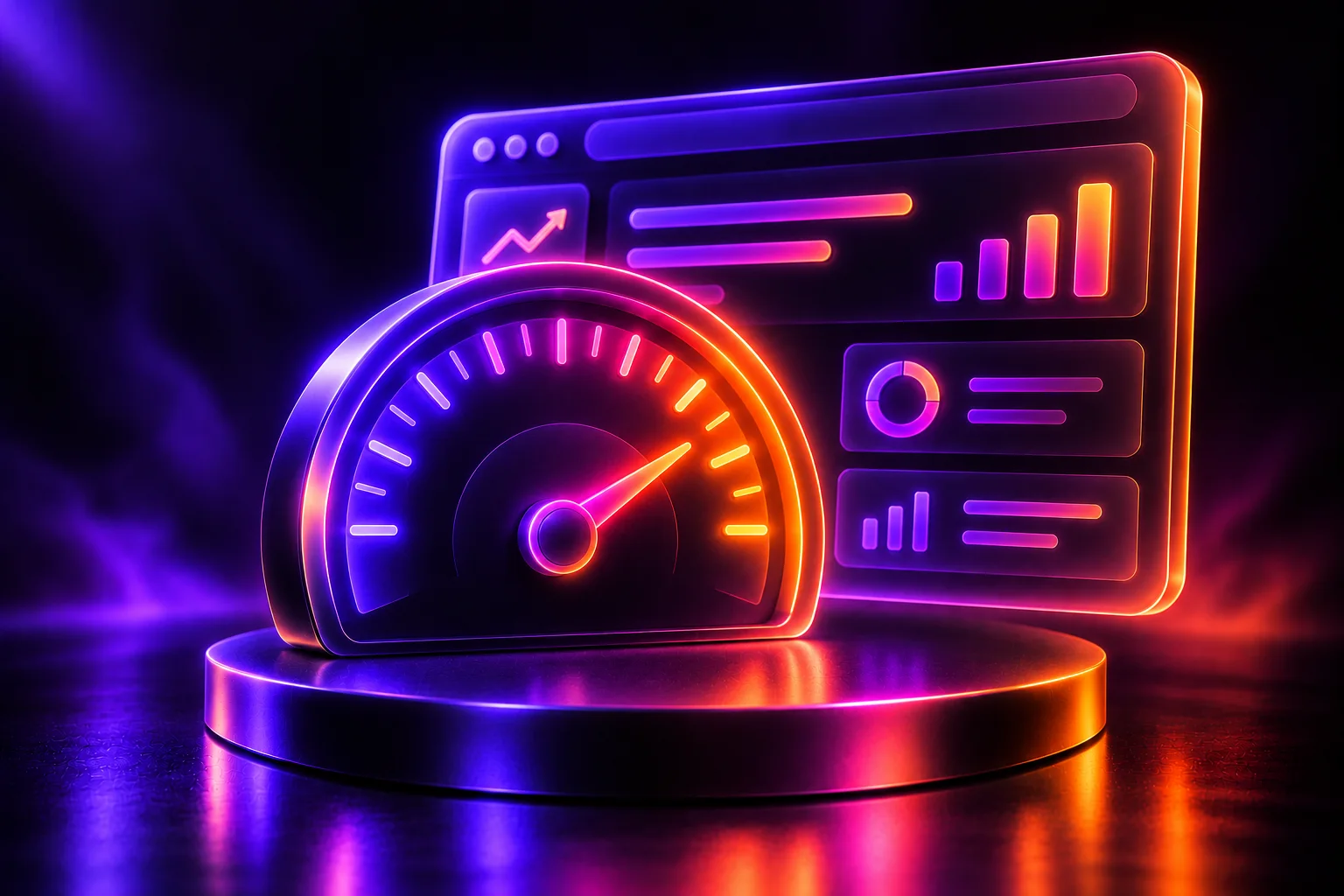 Clay speedometer with a blue needle in front of a browser window