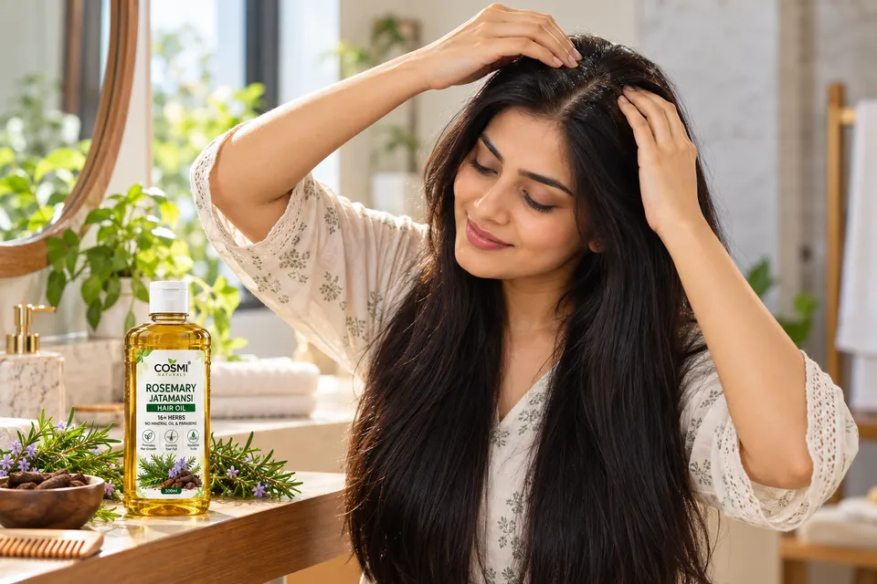 COSMI rosemary hair oil in a self-care scene