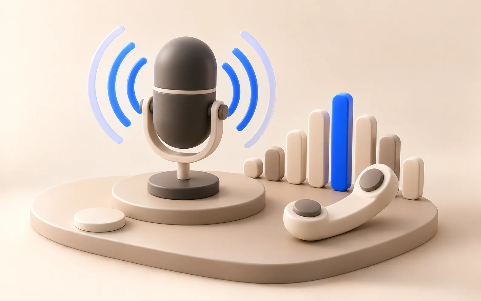Charcoal clay microphone with blue sound rings, equaliser bars and a handset